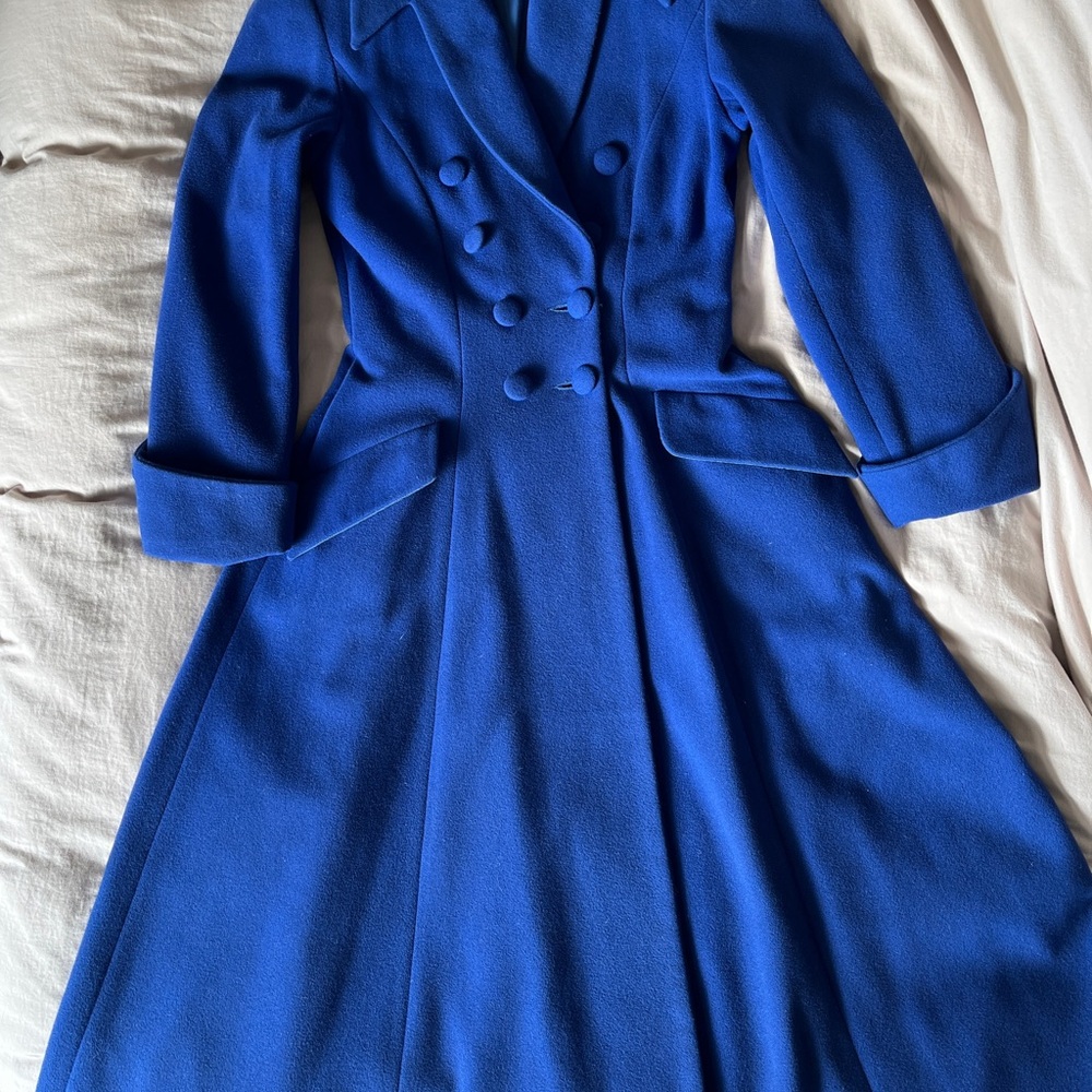 cobalt blue unique A-Line Notched Collar wool and cashmere fitted long coat - Picture 7 of 15